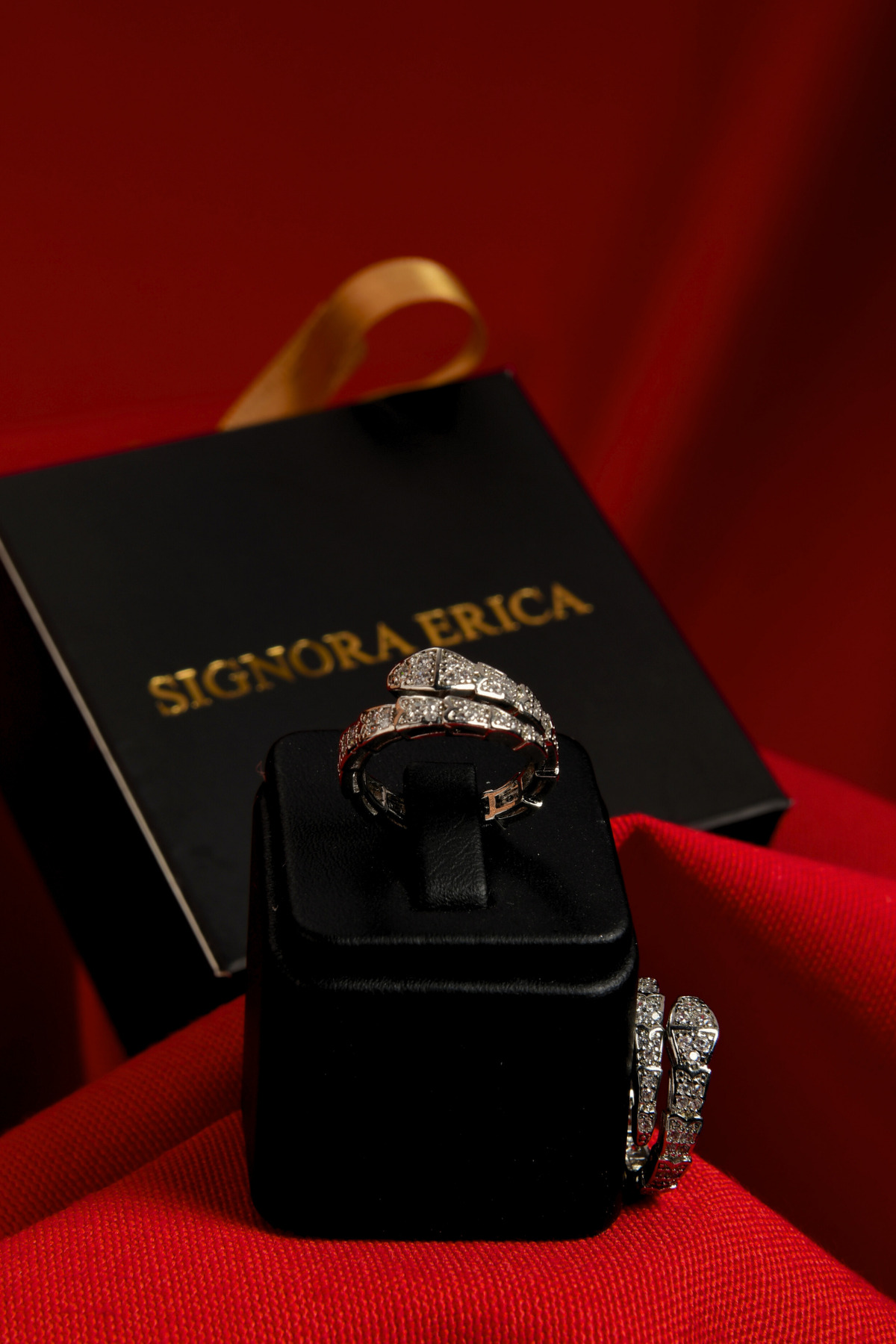 Üzeri Zirkon Taşlı Yılan Model Kalın Ayarlanabilir Çelik Görünümlü Xp Yüzük